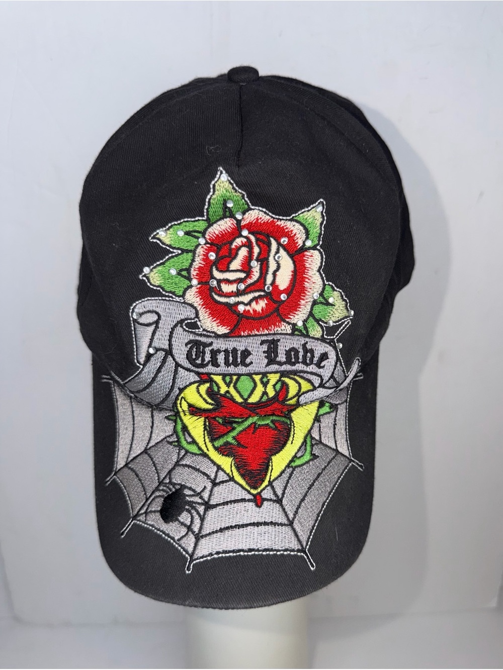 True Love Embroidered Black Cap with Red Rose Design